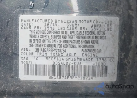 2015 Nissan Sentra Fe+ S/S/Sl/Sr/Sv z USA, uszkodzony, nr VIN 3N1AB7AP9FY218734